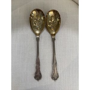 Sheffield‎ England Embossed Fruits Silver and Gold Plated Serving Spoons 8 1/2"